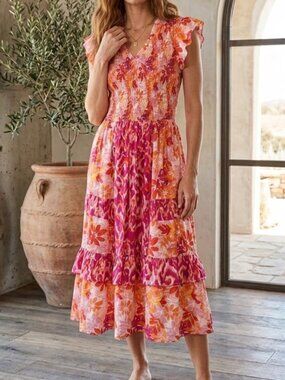 VOY Pink Orange Floral Ikat Tiered Smocked Midi Dress Size Small